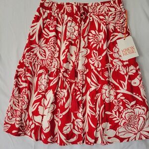 Knox Rose Women's Skirt Red White Tropical Floral Rayon Drawstring Waist  XS New